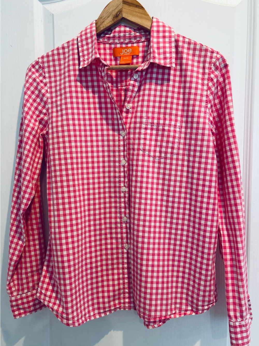 Joe Fresh for JCPenney Preppy Pink White Gingham Button Front Shirt Women’s Med.
